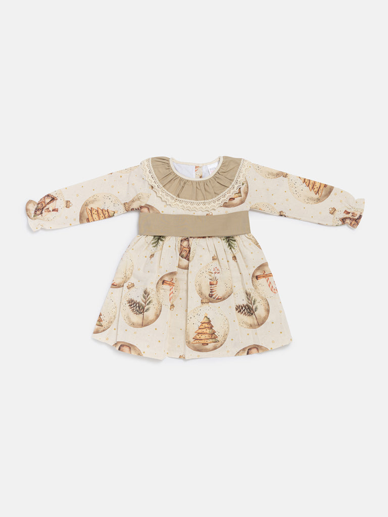 Baby Girl Navidad Collection Dress with Festive Print - Beige