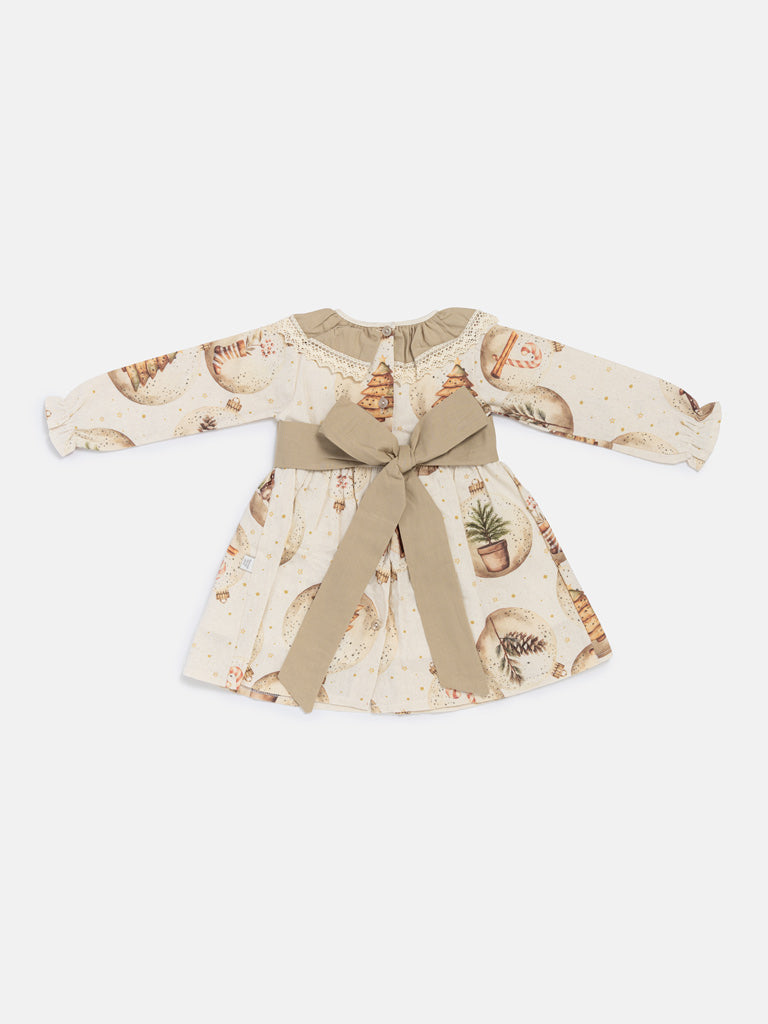 Baby Girl Navidad Collection Dress with Festive Print - Beige