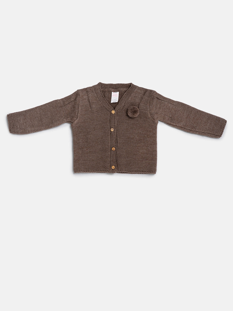 Baby Boy Button-Down Knitted Cardigan with Pom-Pom - Brown