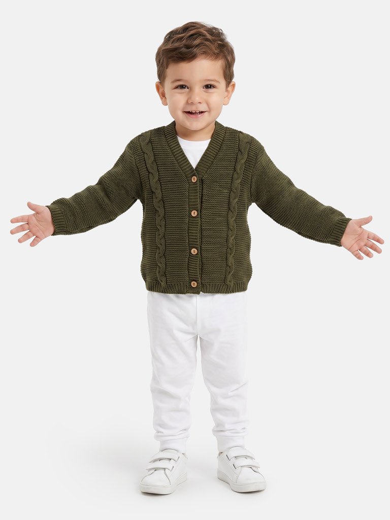 Baby Boy Cable Knit Cardigan - Olive Green