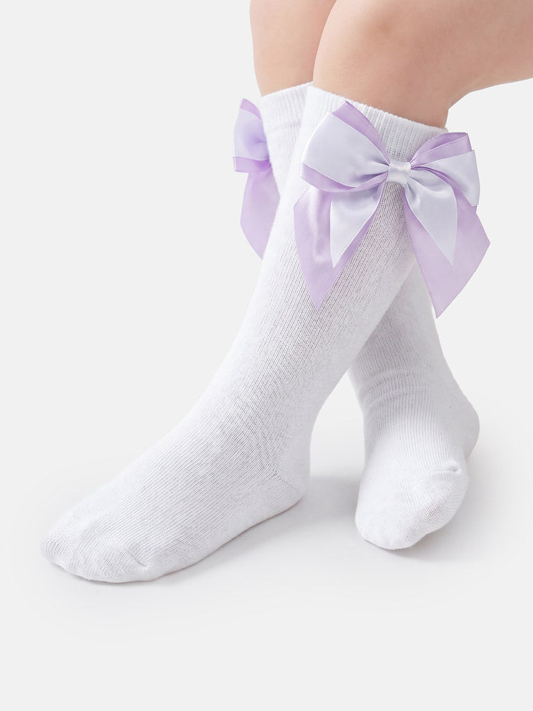 Baby Girl Knee Socks with Satin Double Bow - White & Lilac