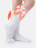 Baby Girl Knee Socks with Satin Double Bow -  White & Orange