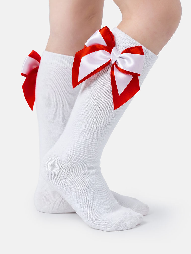 Baby Girl Knee Socks with Satin Double Bow - White & Red