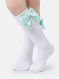 Baby Girl Knee Socks with Satin Double Bow - White & Mint Green