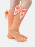 Baby Girl Knee Socks with Satin Double Bow - Orange & White