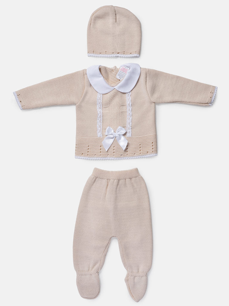 Baby Girl 3-Piece Satin Bow Knitted Gift Box Set - Beige