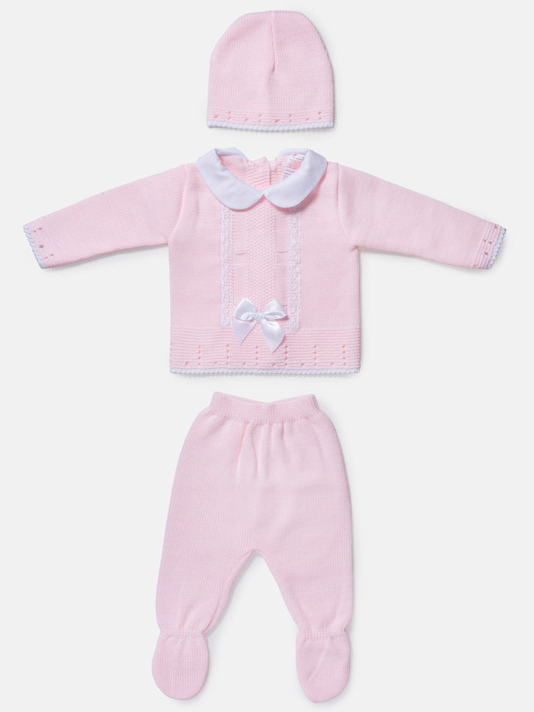 Baby Girl 3-Piece Satin Bow Knitted Gift Box Set - Baby Pink
