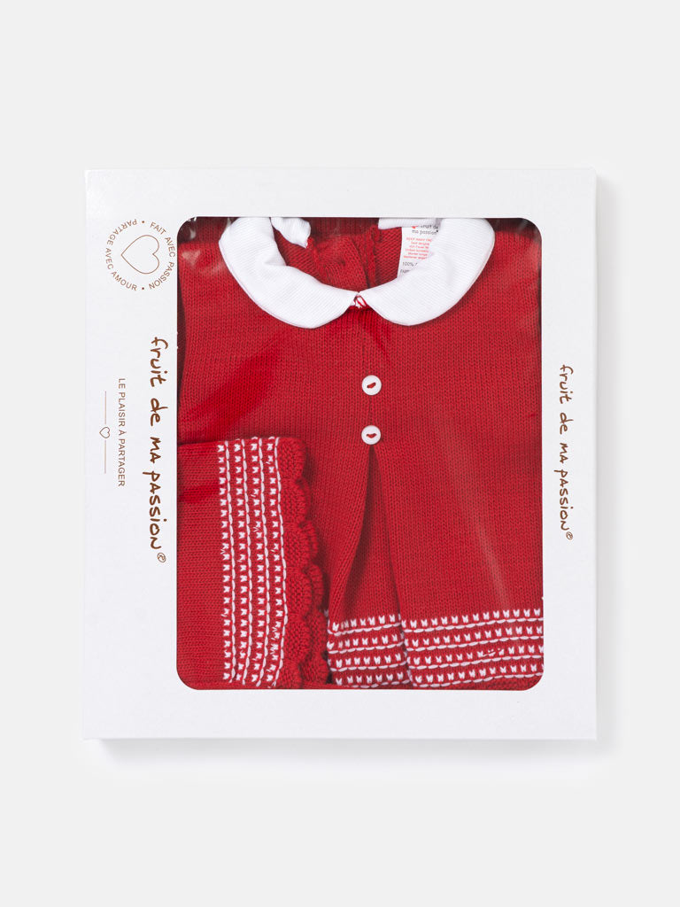 Baby Girl Peter Pan Collar Scalloped Knitted 3-piece Gift Box Set - Red