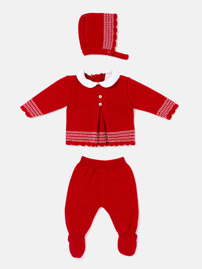 Baby Girl Peter Pan Collar Scalloped Knitted 3-piece Gift Box Set - Red