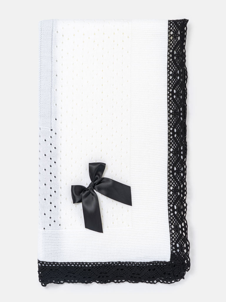 Baby Open Dot Knitted Spanish Blanket with Bow - White & Black