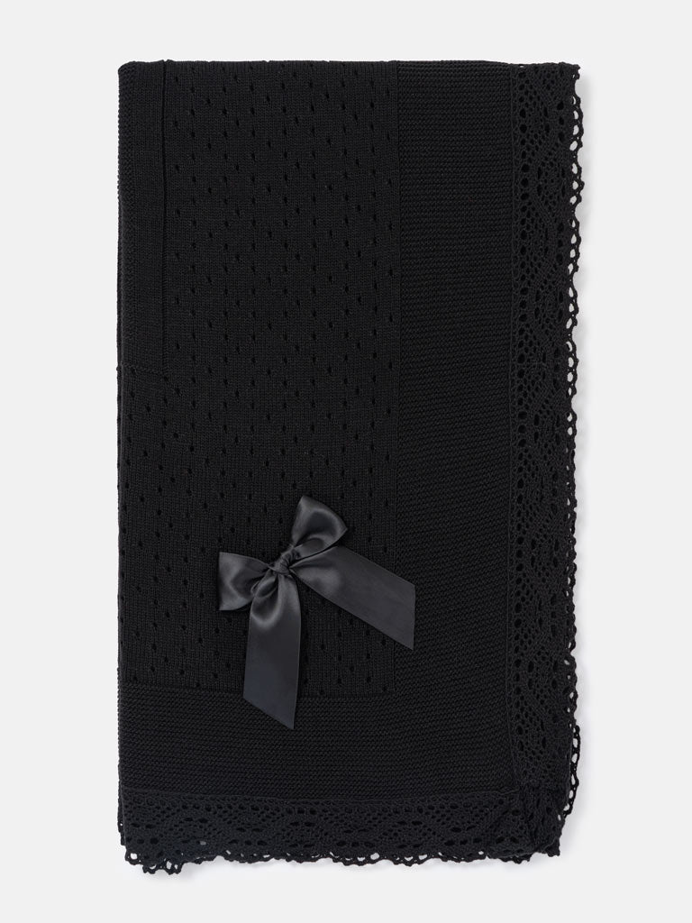 Baby Open Dot Knitted Spanish Blanket with Bow - Black