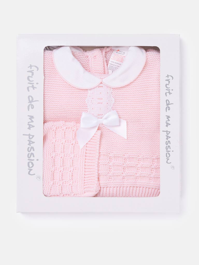 Baby Girl Lattice Knit 3-piece Gift Box Set - Baby Pink