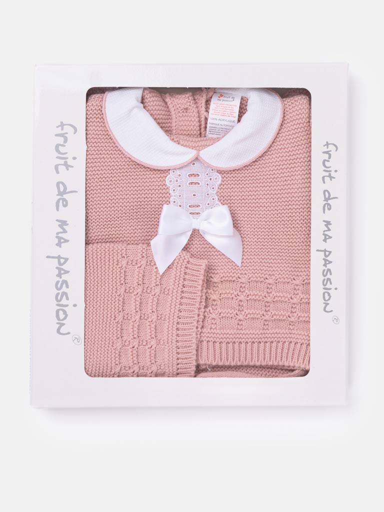 Baby Girl Lattice Knit 3-piece Gift Box Set - Dusty Pink