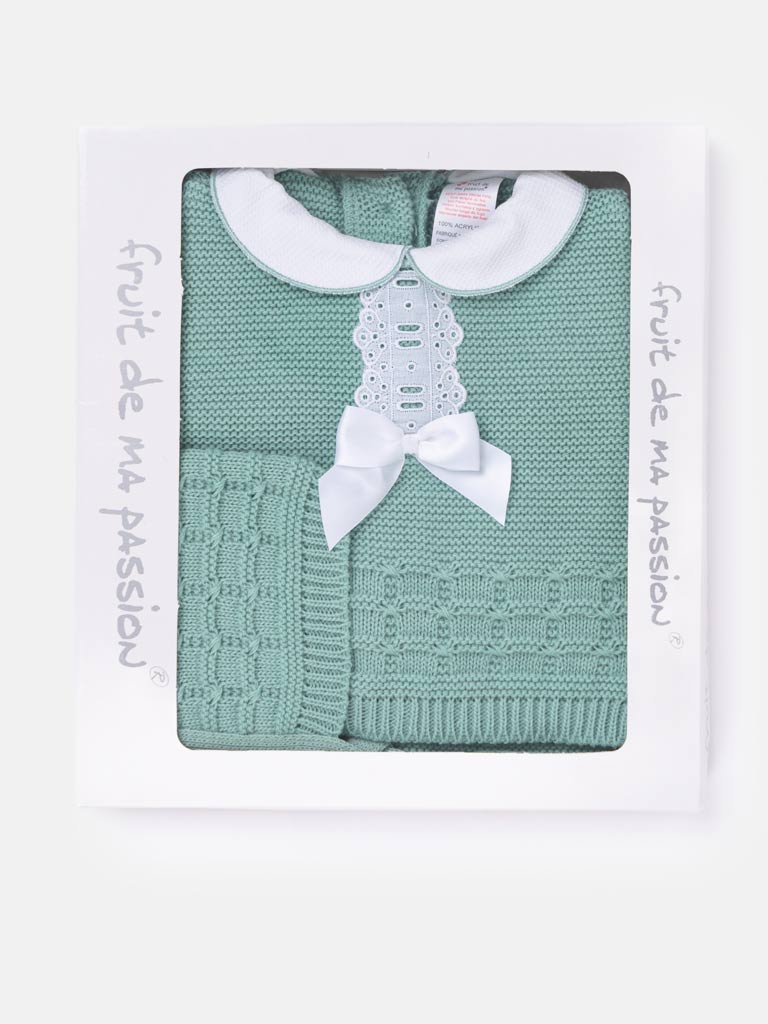 Baby Girl Lattice Knit 3-piece Gift Box Set - Mint Green