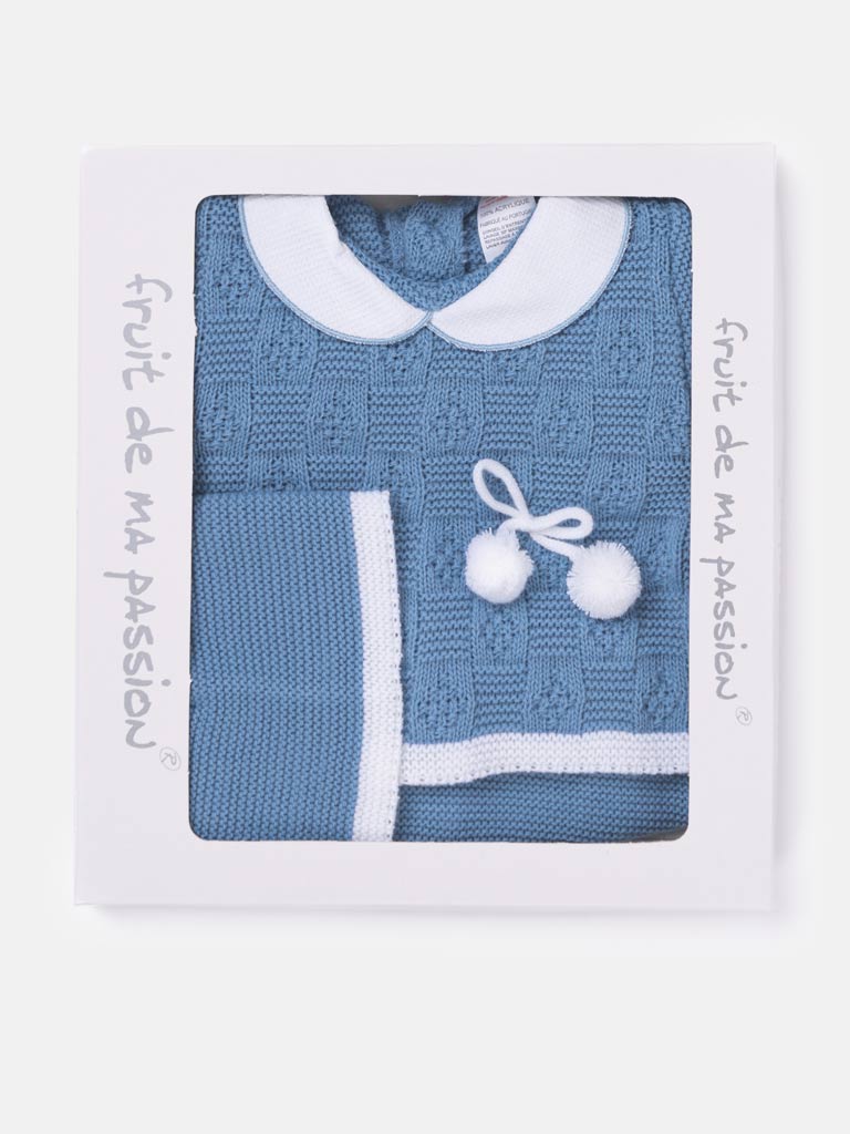 Baby Boy Lattice Pom Knit Gift Box Set - Blue