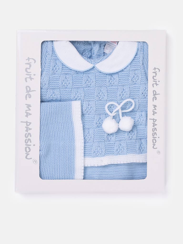 Baby Boy Lattice Pom Knit Gift Box Set - Baby Blue