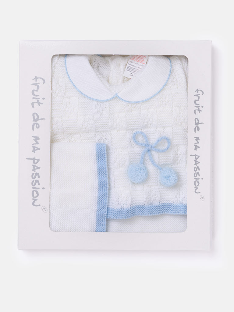 Baby Boy Lattice Pom Knit Gift Box Set - White