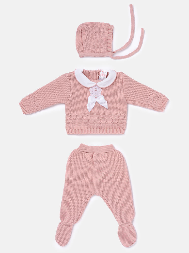 Baby Girl Lattice Knit 3-piece Gift Box Set - Dusty Pink