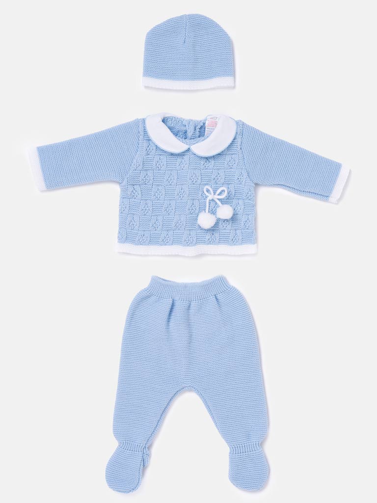 Baby Boy Lattice Pom Knit Gift Box Set - Baby Blue