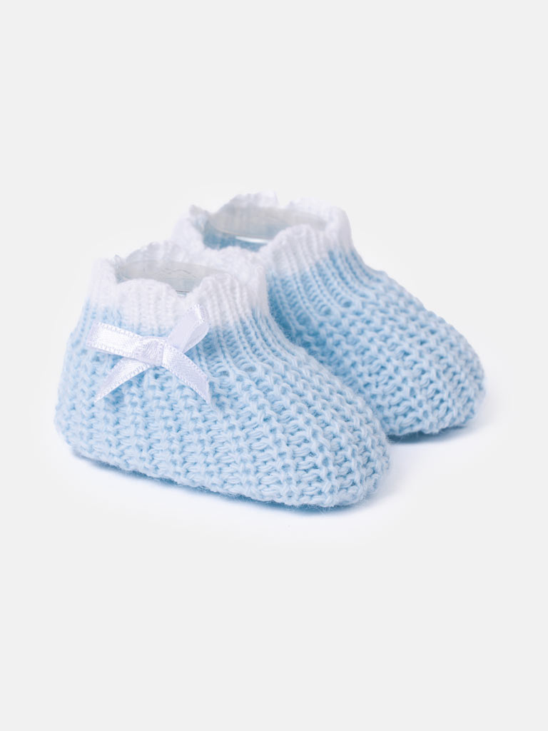 Baby Unisex Knitted Booties with Satin Bow - Baby Blue