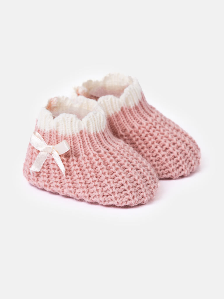 Baby Girl Knitted Booties with Satin Bow - Dusty Pink