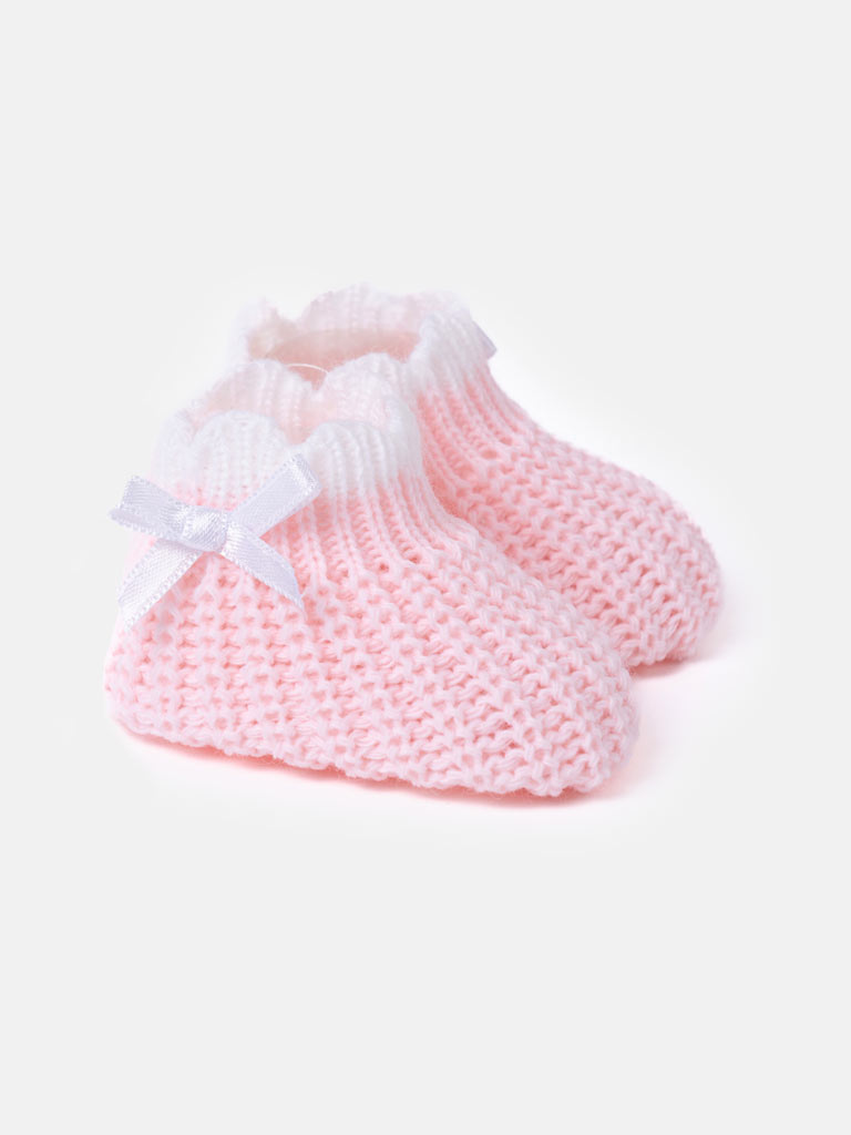 Baby Girl Knitted Booties with Satin Bow - Baby Pink