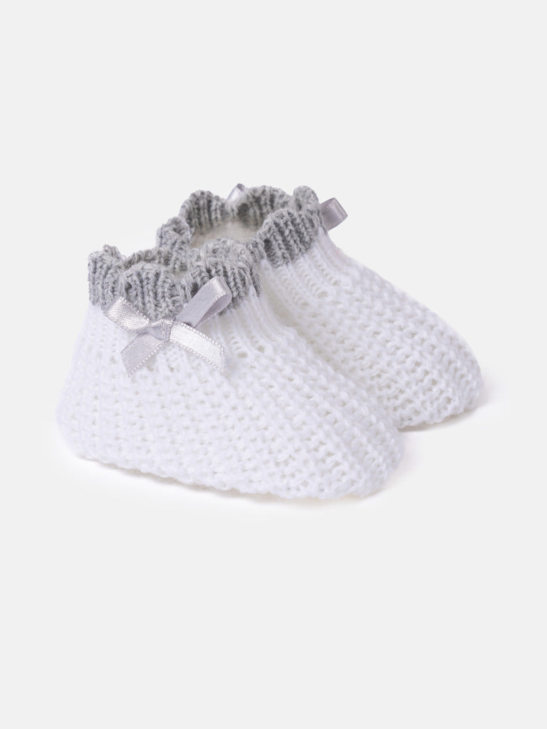 Baby Unisex Knitted Booties with Satin Bow - White