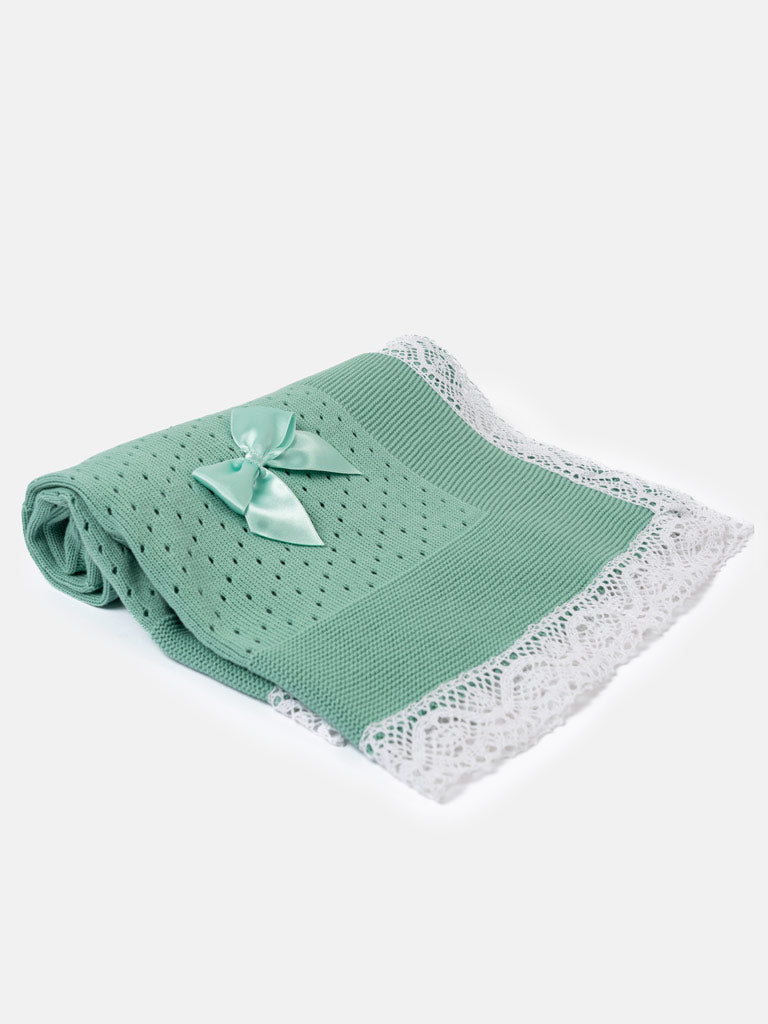 Baby Open Dot Knitted Spanish Blanket with Bow - Mint Green