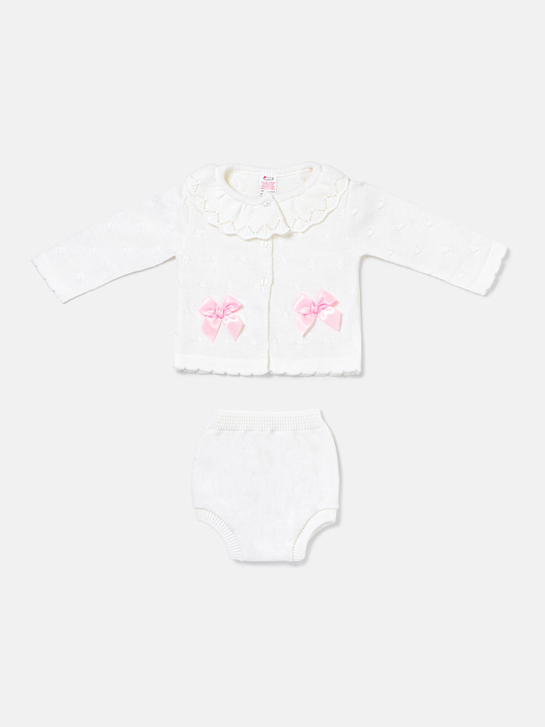 Baby Girl Catarina Collection 2-piece Spanish Knitted Set - White & Baby Pink