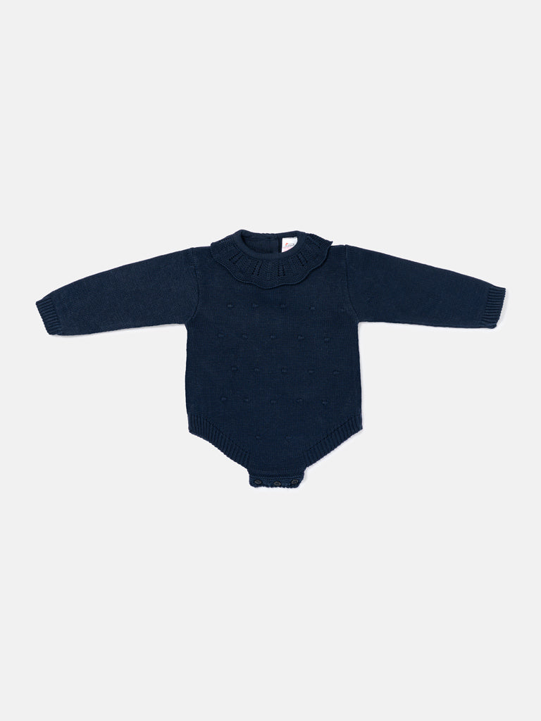 Baby Girl Luma Collection Spanish Knitted Frill Collar Romper - Navy Blue