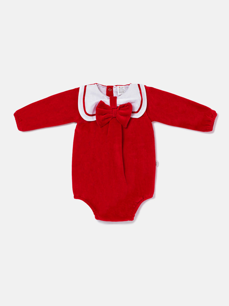Baby Girl Rosamaria Collection Velour Romper with White Collar - Red