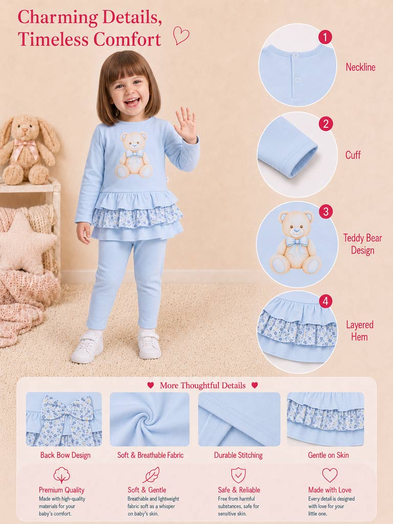 Baby Girl Top & Leggings Set - Teddy Bear Collection - Baby Blue