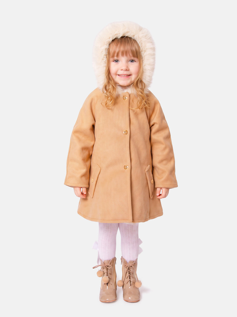 Baby Girl A-line Princess Spanish Hooded Coat with Faux Fur - Tan