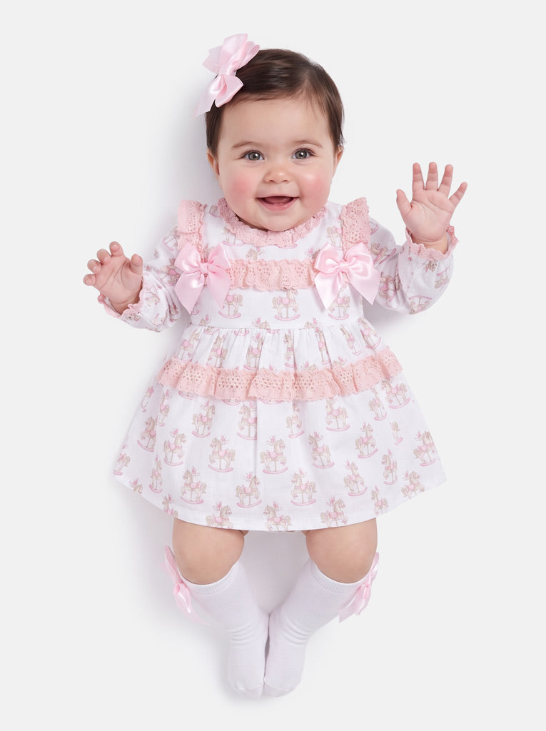 Baby Girl Dress with Bows & Lace - Rocking Horse Collection - Baby Pink