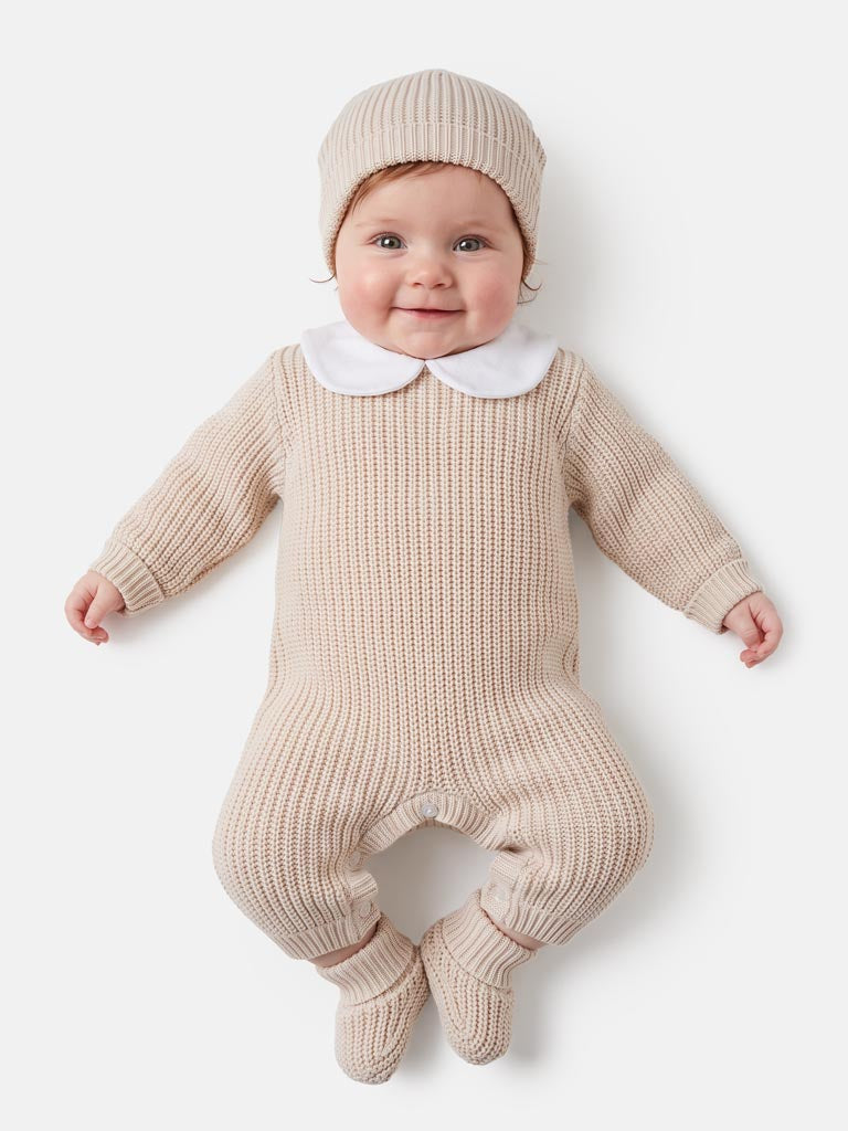Baby 3-Piece Knitted Set All-In-One with Hat & Booties - Beige