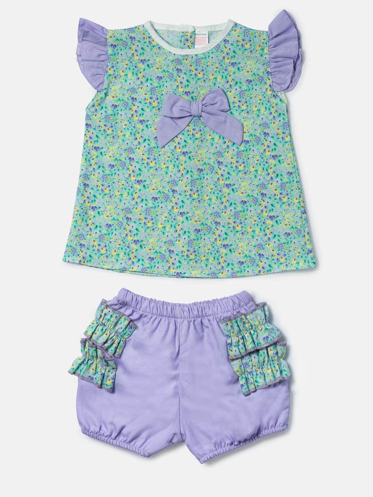 Baby Girl Liana Collection Floral Romper 2-Piece Set - Mint Green & Lilac