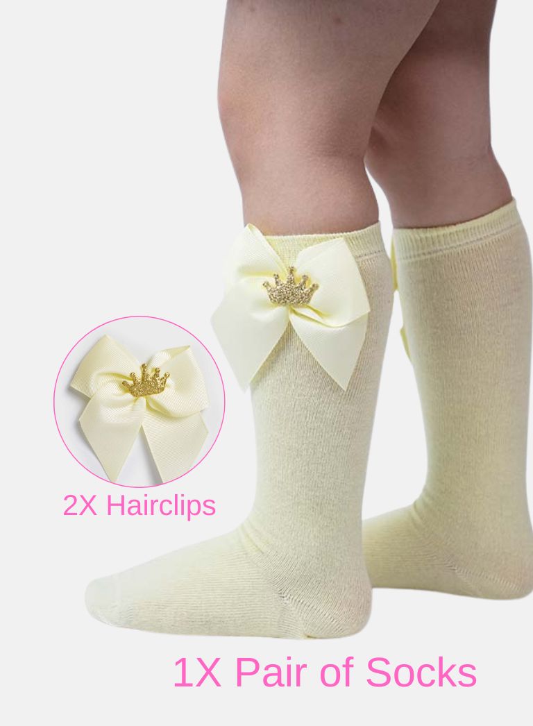 Matching Crown Socks and Hairclips Bundle - Lemon Yellow