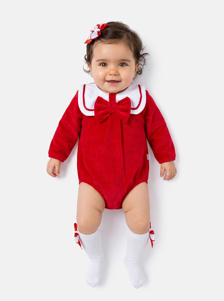 Baby Girl Rosamaria Collection Velour Romper with White Collar - Red