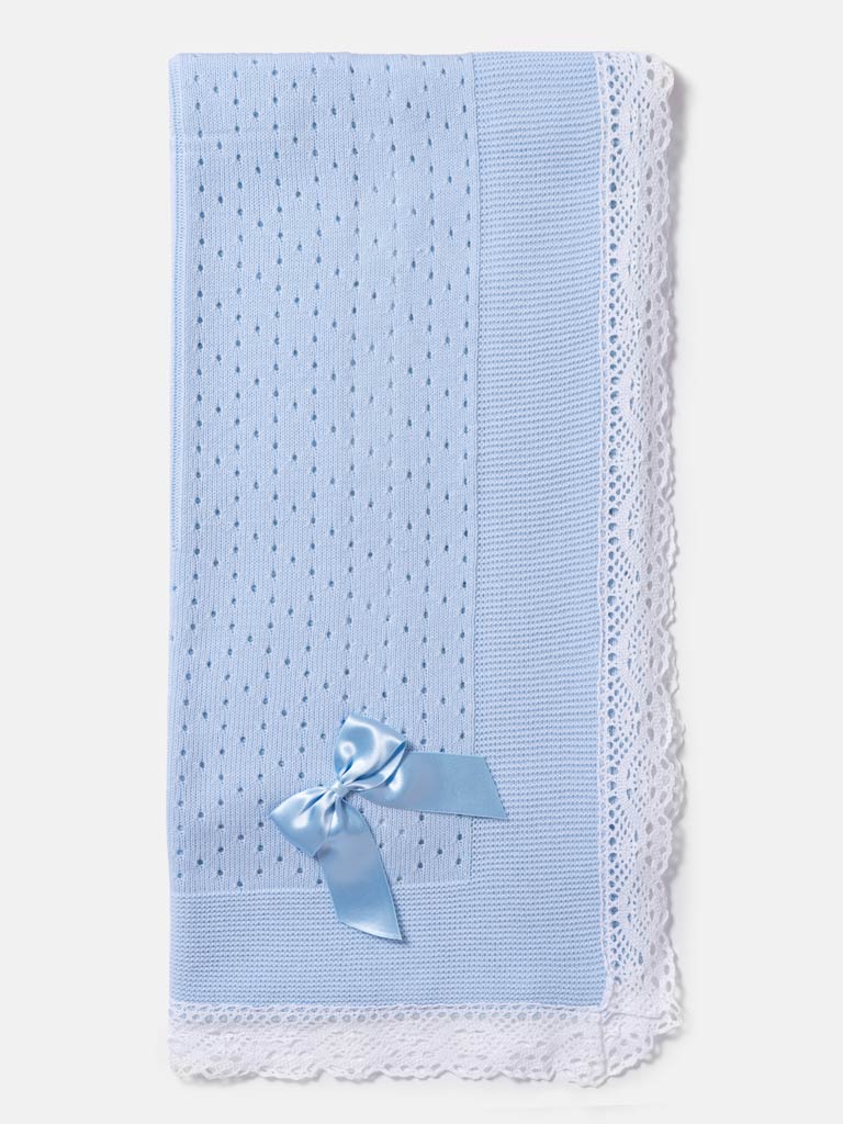 Baby Open Dot Knitted Spanish Blanket with Bow - Baby Blue