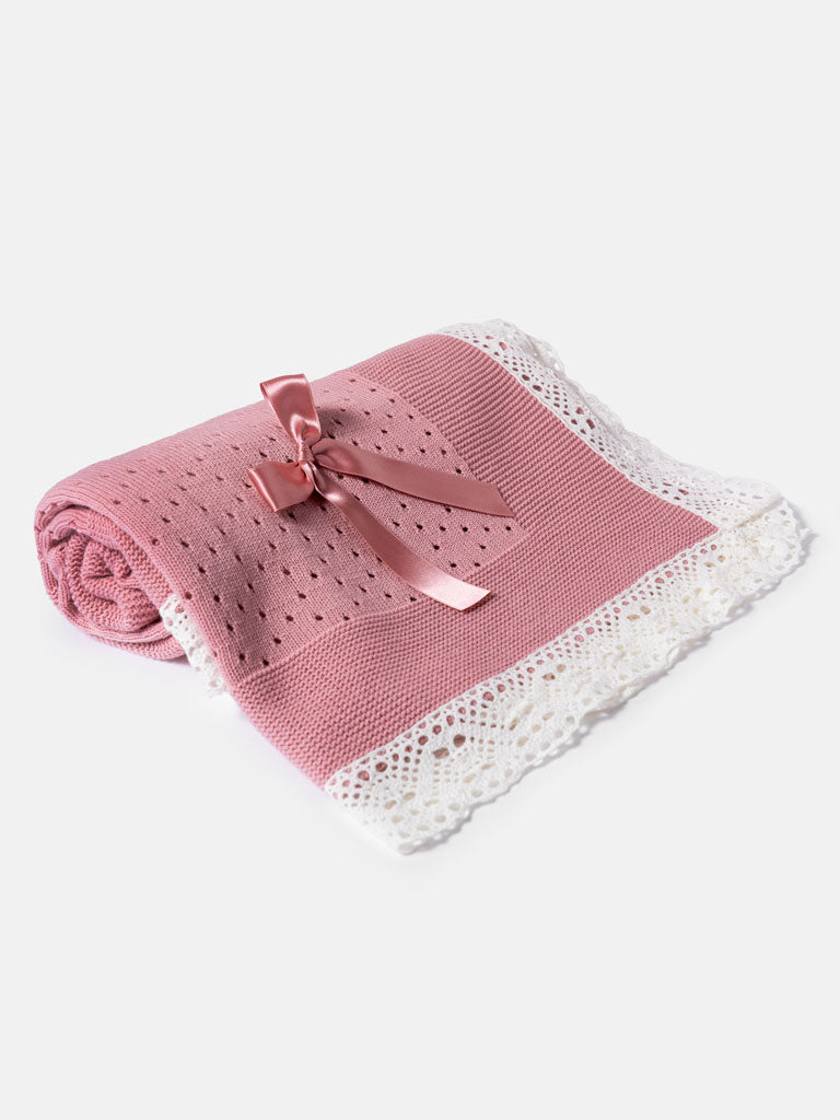 Baby Open Dot Knitted Spanish Blanket with Bow - Dusty Pink