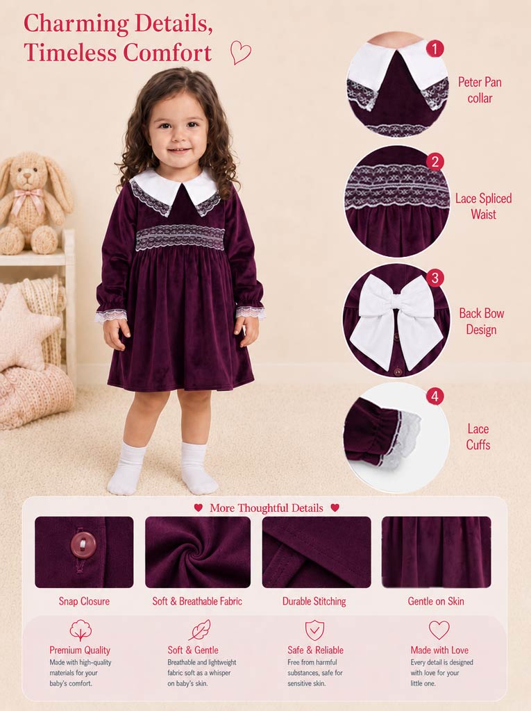 Baby Girl Celeste Collection Velvet Dress - Burgundy
