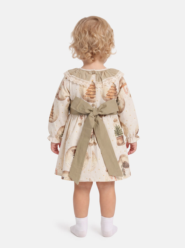 Baby Girl Navidad Collection Dress with Festive Print - Beige