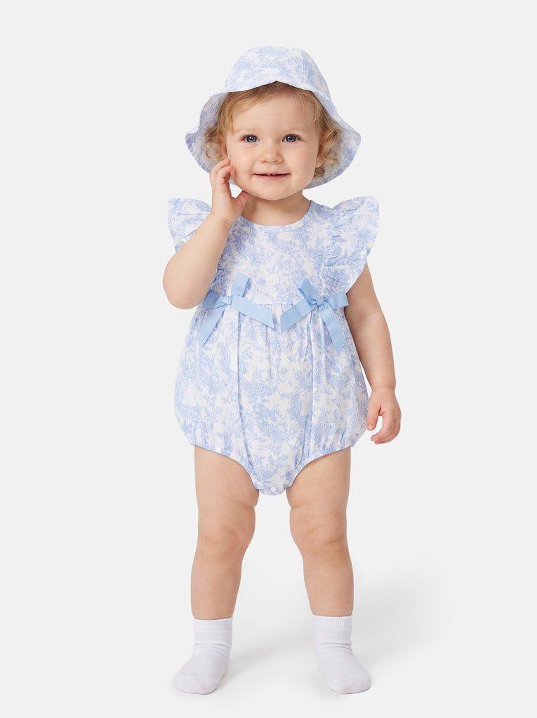 Baby Girl Floral Romper and Hat 2-Piece Summer Set - Baby Blue