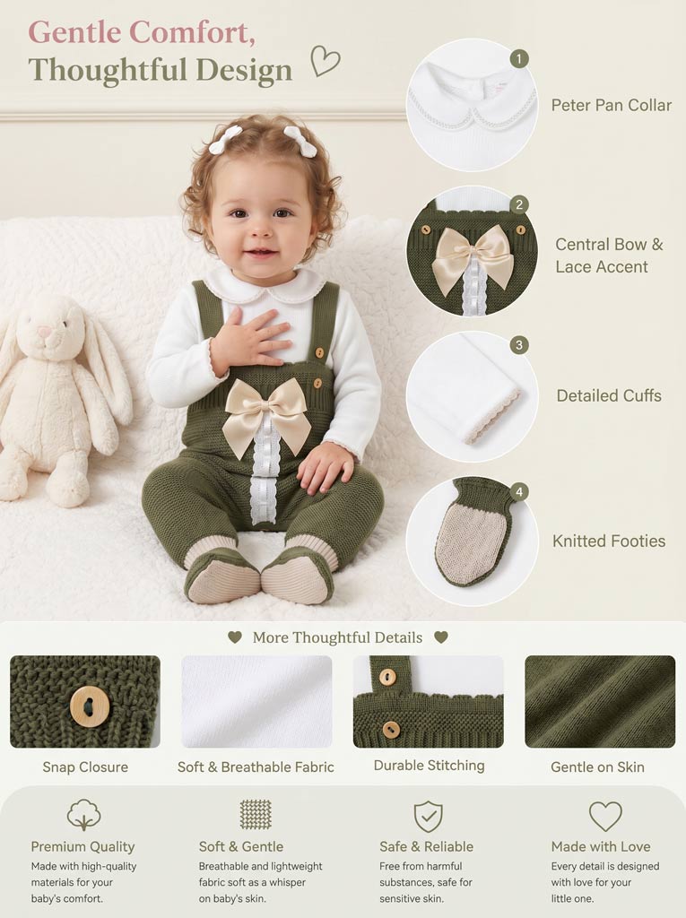 Baby Girl Camila Collection 2-piece Knitted Dungaree Set - Olive Green
