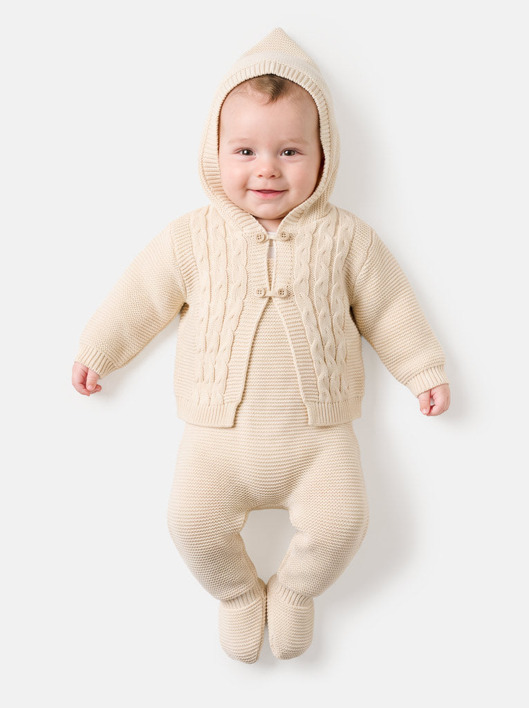 Unisex MAR COLLECTION 2-Piece Knitted Dungaree and Cardigan Set with Double-Button Loops - Beige