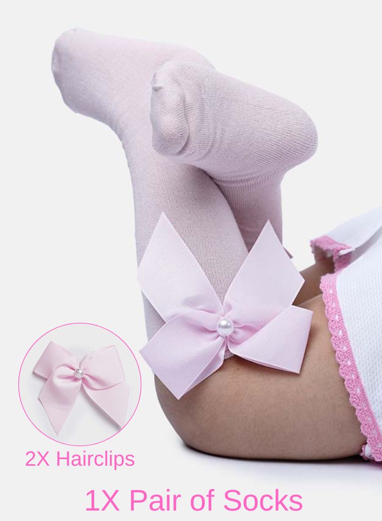 Matching Pearl Socks and Hairclips Bundle - Baby Pink