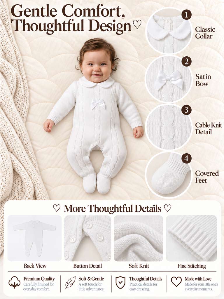 Unisex JIMENA COLLECTION Knitted Baby Grow with Tiny Bow - White