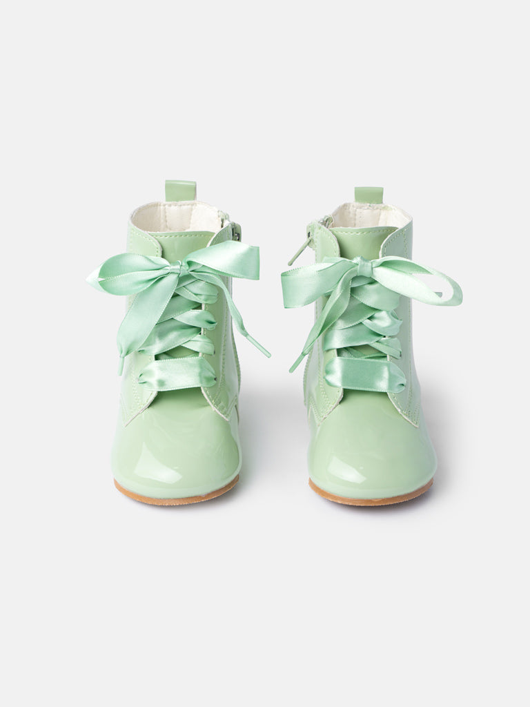 Baby Girl M&B Classic Patent Boots with Satin Laces - Mint Green
