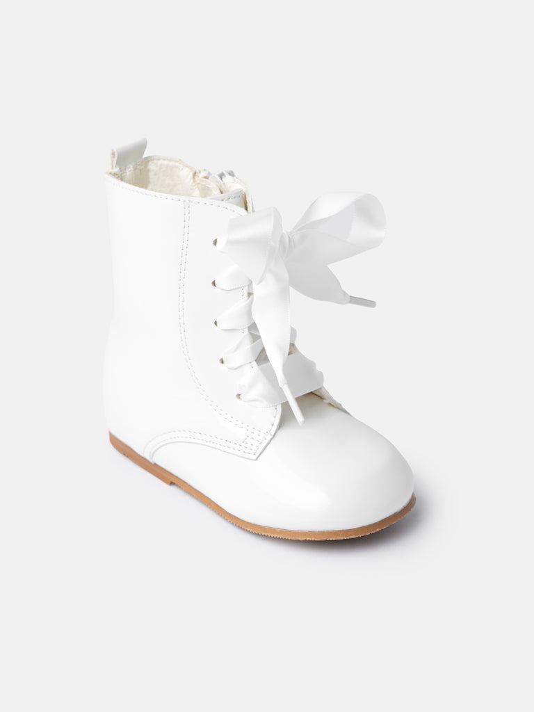 Baby Girl M&B Classic Patent Boots with Satin Laces - White/Ivory