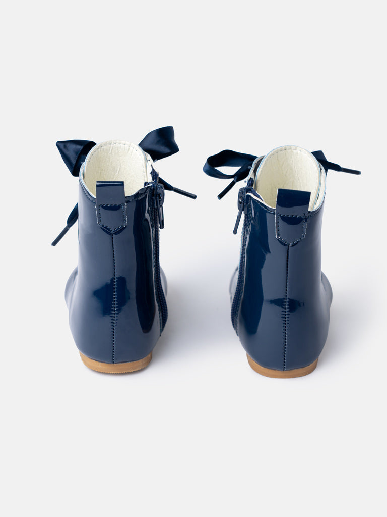 Baby Girl M&B Classic Patent Boots with Satin Laces - Navy Blue